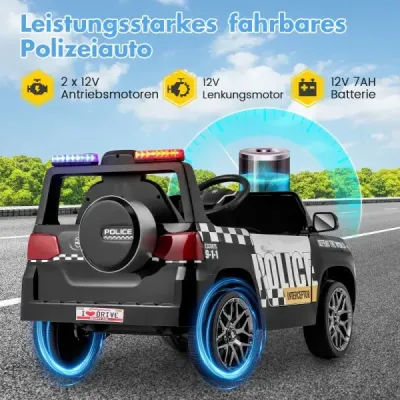 Dětské policejní auto, 12V policejní auto s dálkovým ovládáním, a LED blikajícími světly, černé