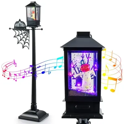 155 cm halloweenská pouliční lampa se 6barevnými LED světly, hudbou a efektem černého sněhu.