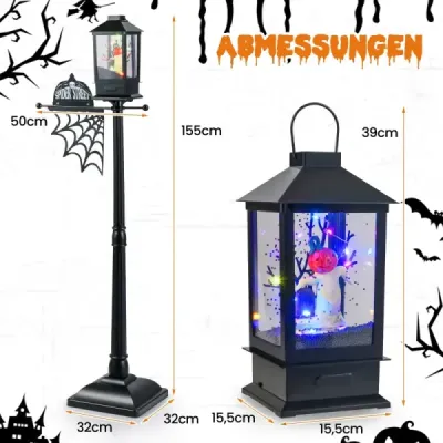 155 cm halloweenská pouliční lampa se 6barevnými LED světly, hudbou a efektem černého sněhu.
