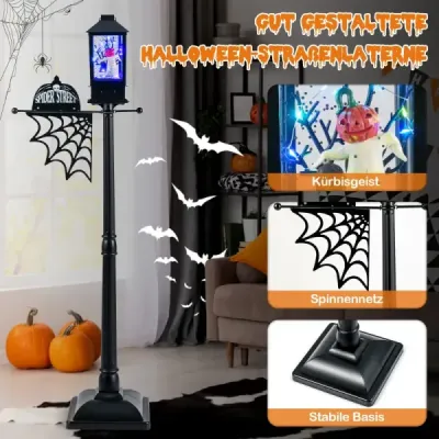 155 cm halloweenská pouliční lampa se 6barevnými LED světly, hudbou a efektem černého sněhu.