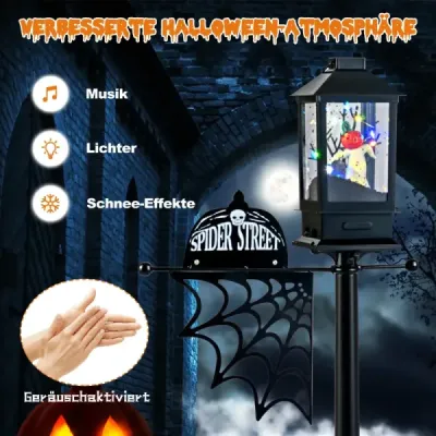 155 cm halloweenská pouliční lampa se 6barevnými LED světly, hudbou a efektem černého sněhu.