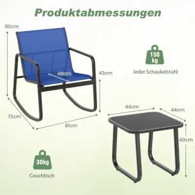 3dílná sada zahradního nábytku se 2 židlemi a stolem, balkonová sada s jemným houpáním, modrá