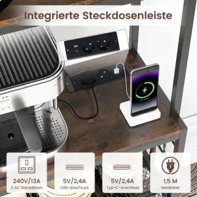 Stojan na víno s držáky na sklenice a kelímky a 8 háčky, rustikální hnědý stojan do mikrovlnné trouby