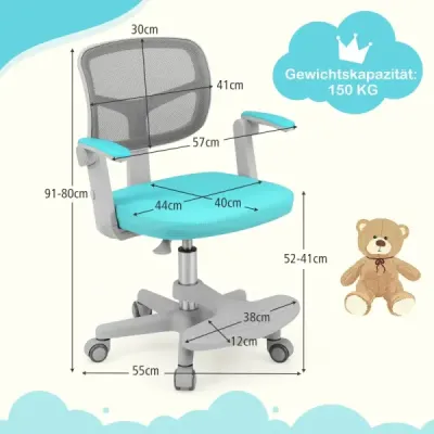 Dětská židle k psacímu stolu s výškově nastavitelnou výškou sedáku 41-52 cm. Dětská otočná židle s kolečky tyrkysová.