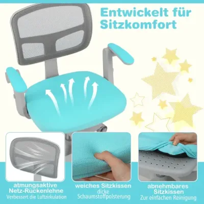 Dětská židle k psacímu stolu s výškově nastavitelnou výškou sedáku 41-52 cm. Dětská otočná židle s kolečky tyrkysová.
