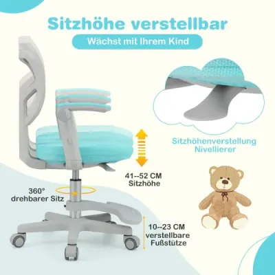 Dětská židle k psacímu stolu s výškově nastavitelnou výškou sedáku 41-52 cm. Dětská otočná židle s kolečky tyrkysová.
