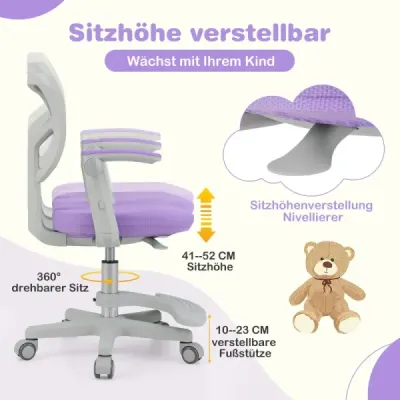 Dětská židle k psacímu stolu s výškově nastavitelnou výškou sedáku 41-52 cm Dětská otočná židle s kolečky Fialová