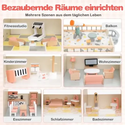 Rohový dřevěný domeček pro panenky s růžovou střechou a 41 kusy nábytku a doplňků Domeček pro panenky - oranžový dům snů