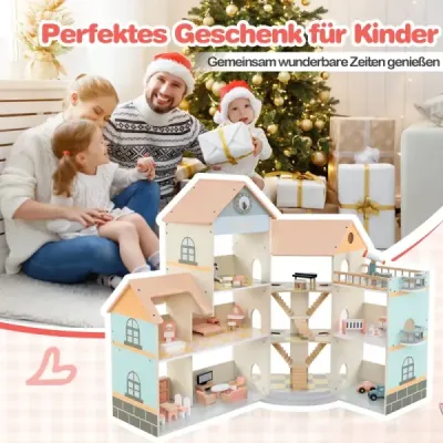 Rohový dřevěný domeček pro panenky s růžovou střechou a 41 kusy nábytku a doplňků Domeček pro panenky - oranžový dům snů
