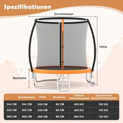 Venkovní trampolína s žebříkem, zahradní trampolína kulatá s ochrannou sítí Ø244cm oranžová