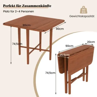 Čtvercový dřevěný jídelní stůl pro 2-4 osoby se 2 skládacími deskami. Skládací jídelní stůl hnědý.