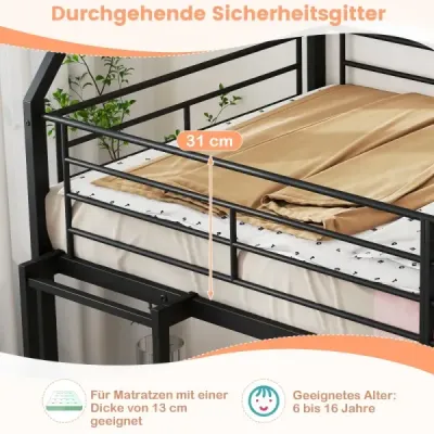 Patrová postel s posuvníkem, nízký rám palandy s bezpečnostním zábradlím a žebříkem, patrová postel 200 x 90 cm, černá