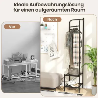 Kovový rohový věšák na kabáty s horním hákem, volně stojící, černý