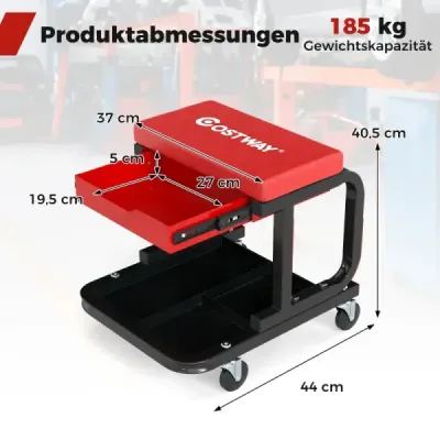Pojízdná dílenská stolička s nosností 185 kg Polstrované mechanické sedadlo se zásuvkou Červená barva