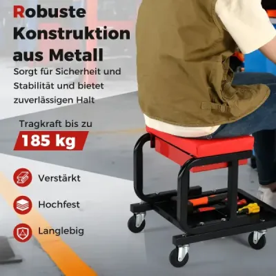 Pojízdná dílenská stolička s nosností 185 kg Polstrované mechanické sedadlo se zásuvkou Červená barva