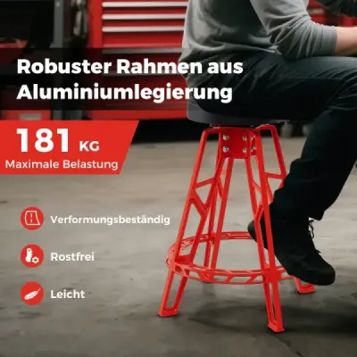 Vysoká židle pro automechaniky Odolná hliníková garážová stolička s otočným sedadlem o 360° Červená