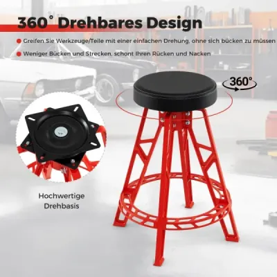 Vysoká židle pro automechaniky Odolná hliníková garážová stolička s otočným sedadlem o 360° Červená