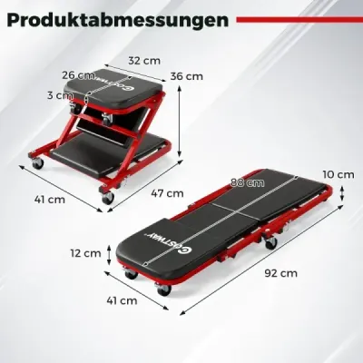 Dílenská montáž pojízdné desky 2 v 1 pojízdná deska se 6 kolečky a čalouněným sedadlem s nosností do 150 kg černá