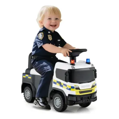 Policejní auto 2 v 1 s volantem a úložným prostorem Posuvné auto Tlačné auto Bílé