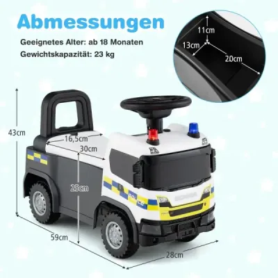 Policejní auto 2 v 1 s volantem a úložným prostorem Posuvné auto Tlačné auto Bílé