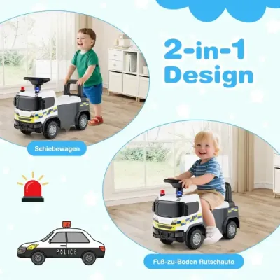 Policejní auto 2 v 1 s volantem a úložným prostorem Posuvné auto Tlačné auto Bílé