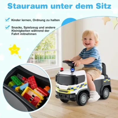 Policejní auto 2 v 1 s volantem a úložným prostorem Posuvné auto Tlačné auto Bílé