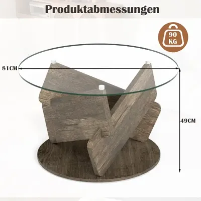 Kulatý skleněný stolek s deskou z tvrzeného skla a rámem z masivního dřeva Moderní konferenční stolek φ 81 cm