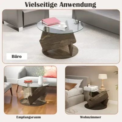 Kulatý skleněný stolek s deskou z tvrzeného skla a rámem z masivního dřeva Moderní konferenční stolek φ 81 cm