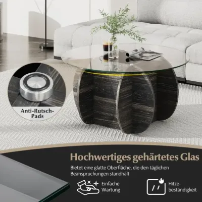φ89cm Kulatý konferenční stolek s deskou z tvrzeného skla a podnoží z masivního dřeva Moderní rozkládací stolek