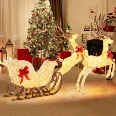 3dílný LED sob se saněmi Osvětlená vánoční figurka soba s 280 teplými bílými LED světýlky