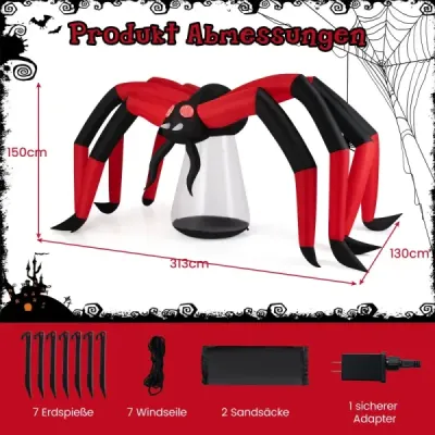 313 cm dlouhý halloweenský nafukovací pavouk se strašidelnou pavoučí dekorací s červenýma světelnýma očima a LED světlem