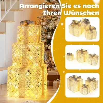Sada 3 dárkových krabiček LED se 48 teplými bílými světly LED a odnímatelnými mašlemi