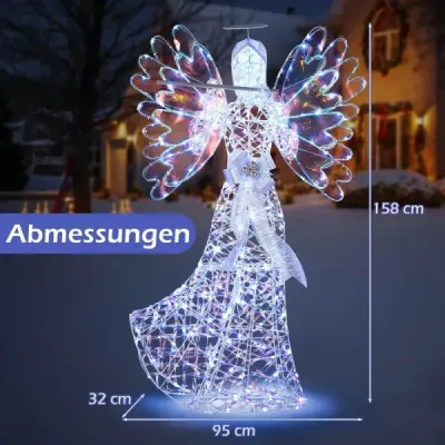 158cm vánoční anděl s 250 studenými bílými LED světly a svatozáří a vánoční dekorací s flétnou