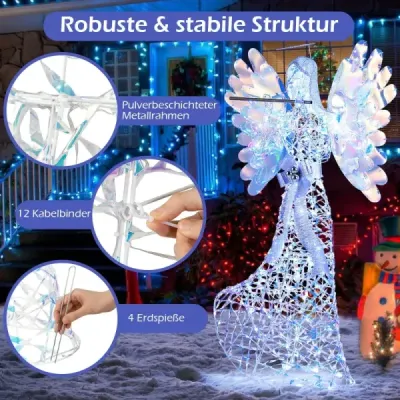 158cm vánoční anděl s 250 studenými bílými LED světly a svatozáří a vánoční dekorací s flétnou