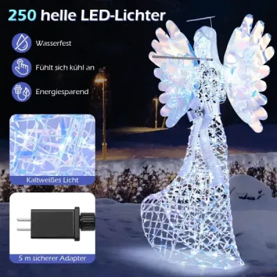 158cm vánoční anděl s 250 studenými bílými LED světly a svatozáří a vánoční dekorací s flétnou