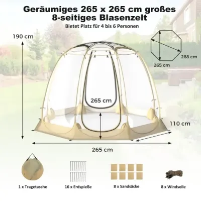 630° Transparentní PVC Pop Up Bubble stan Bublinový stan pro 5-6 osob 265 x 265 cm