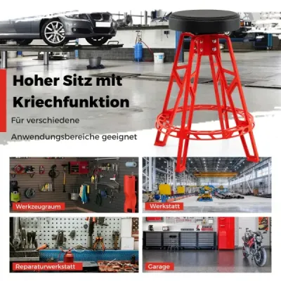 Vysoká židle pro automechaniky Odolná hliníková garážová stolička s otočným sedadlem o 360° Červená