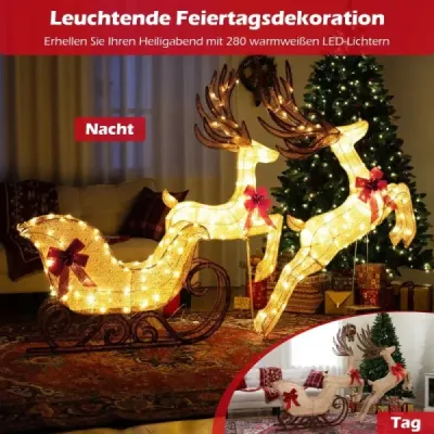 3dílný LED sob se saněmi Osvětlená vánoční figurka soba s 280 teplými bílými LED světýlky