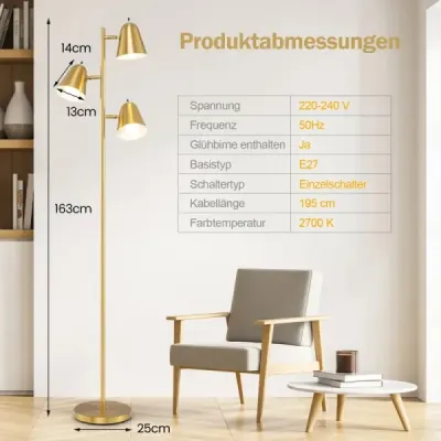 163cm stojací lampa se 3 žárovkami E27 a 360° nastavitelným stínidlem Stojací lampa zlatá