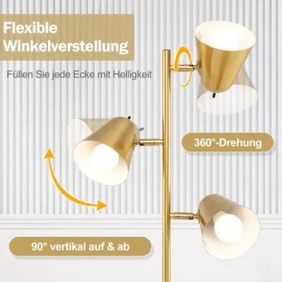 163cm stojací lampa se 3 žárovkami E27 a 360° nastavitelným stínidlem Stojací lampa zlatá