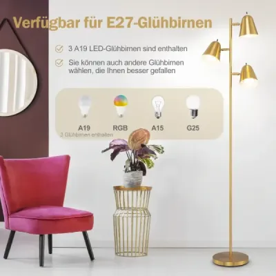 163cm stojací lampa se 3 žárovkami E27 a 360° nastavitelným stínidlem Stojací lampa zlatá