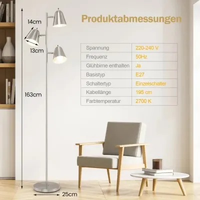 163cm stojací lampa se 3 žárovkami E27 a 360° nastavitelným stínidlem Stojací lampa stříbrná