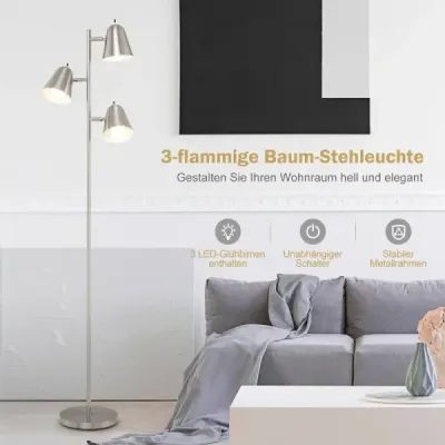163cm stojací lampa se 3 žárovkami E27 a 360° nastavitelným stínidlem Stojací lampa stříbrná