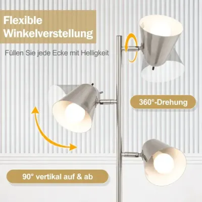 163cm stojací lampa se 3 žárovkami E27 a 360° nastavitelným stínidlem Stojací lampa stříbrná