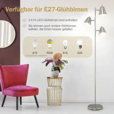 163cm stojací lampa se 3 žárovkami E27 a 360° nastavitelným stínidlem Stojací lampa stříbrná