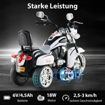6V dětská elektrická motorka s nastavitelným světlometem a zvukem Tricycle Electric Motorbike White Police
