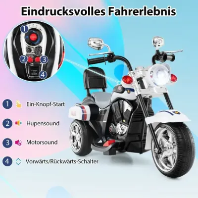 6V dětská elektrická motorka s nastavitelným světlometem a zvukem Tricycle Electric Motorbike White Police