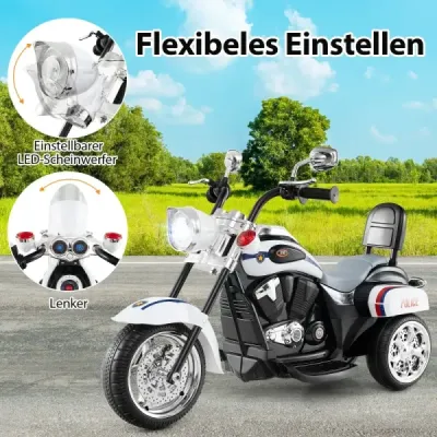 6V dětská elektrická motorka s nastavitelným světlometem a zvukem Tricycle Electric Motorbike White Police