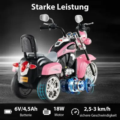 6V dětská elektrická motorka s nastavitelným světlometem a zvukem Tricycle Electric Motorbike Light Pink