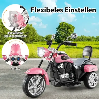 6V dětská elektrická motorka s nastavitelným světlometem a zvukem Tricycle Electric Motorbike Light Pink